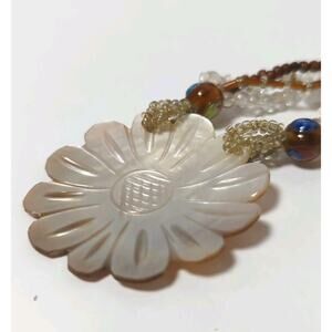 Vintage Mother of Pearl Flower Millefiori Glass Bead Pendant Necklace - 21-24in